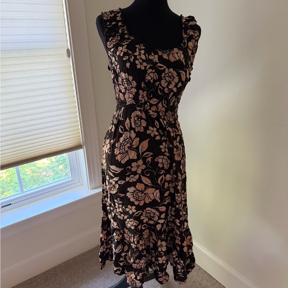 Black and Blush Floral Ruffle Midi Dress